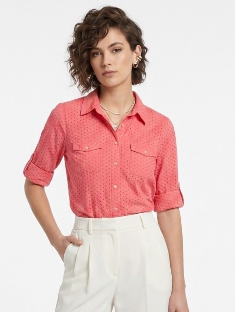 New!!! Croft & Barrow ✨️ Women's Eyelet Button-Down Shirt in Coral Pink Size M